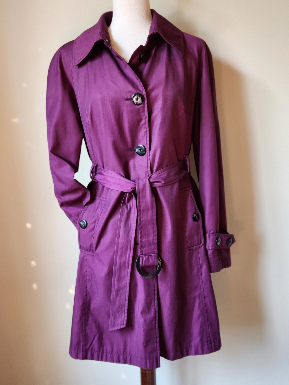 Gallery Plum Purple Single Breasted Belted Trench Coat Rain Jacket Women L Large
